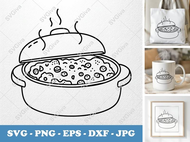 Casserole SVG | Modern Pot with Steam, Food Dish, Kitchen Clipart | PNG EPS DXF for Cricut, Silhouette