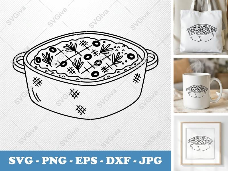 Casserole with Garnish SVG | Friendly Rounded Bean-Shaped Pot | PNG DXF EPS | Cricut Silhouette Kitchen Cut File