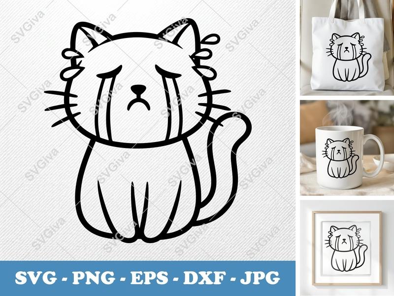 Cat Crying SVG | Sad Kitten PNG DXF EPS Cut File for Cricut Silhouette