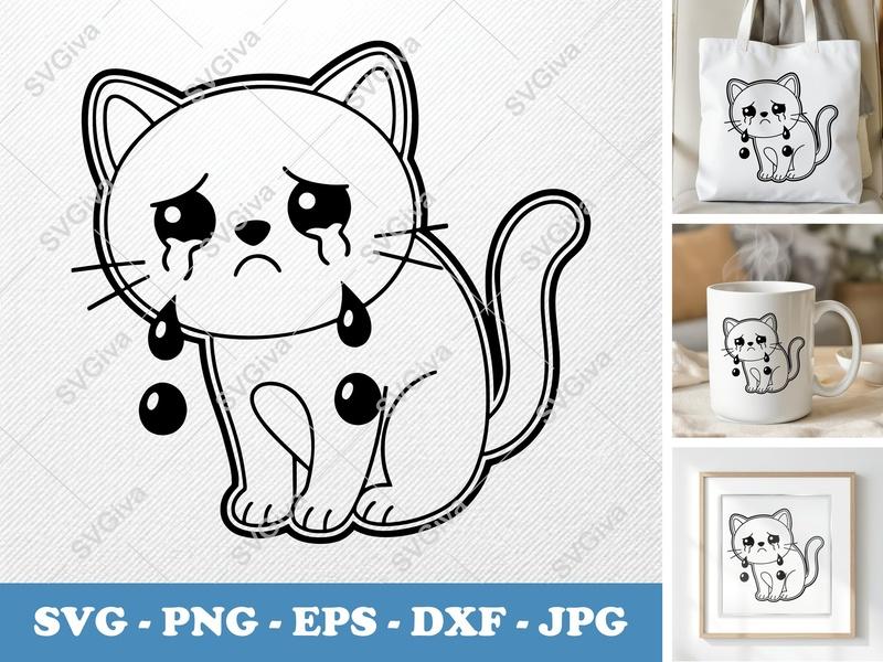 Cat Crying SVG, Sad Kitten PNG, Tearful Feline EPS, DXF Cut File for Cricut & Silhouette, Cute Pet Vector Art