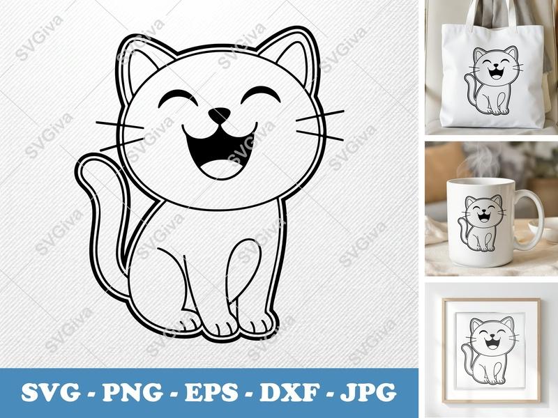 Cat Happy Face SVG, Smiling Kitten PNG, Modern Clean Line Art EPS DXF for Cricut & Silhouette, Cute Animal Cut File