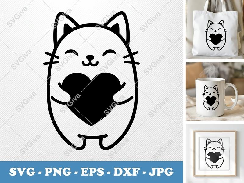 Cat Holding Heart SVG | Friendly Bean-Shaped Cut File | PNG, DXF, EPS for Cricut & Silhouette