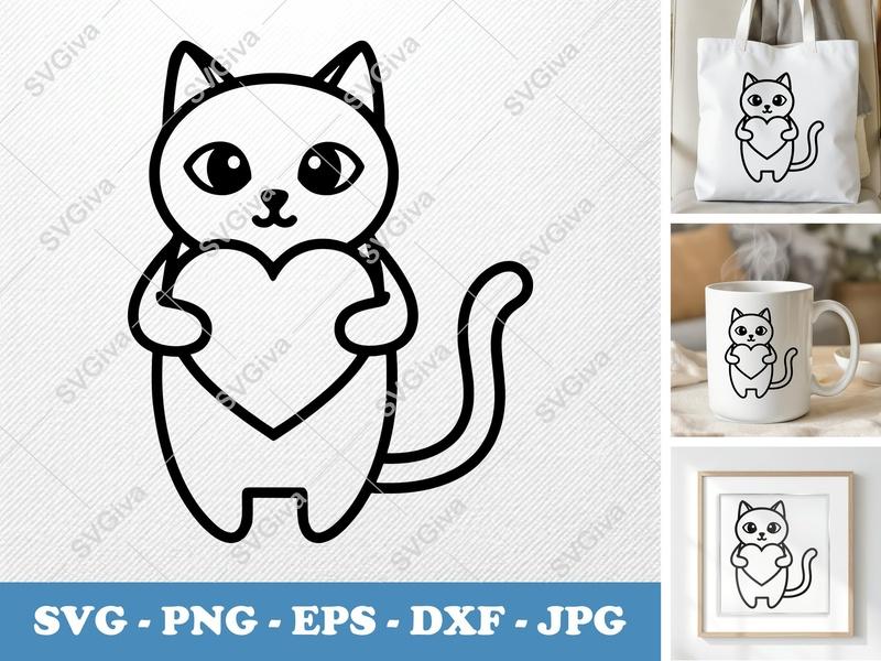 Cat Holding Heart SVG | Minimalist Vector Cut File | PNG, DXF, EPS | Cricut, Silhouette Ready