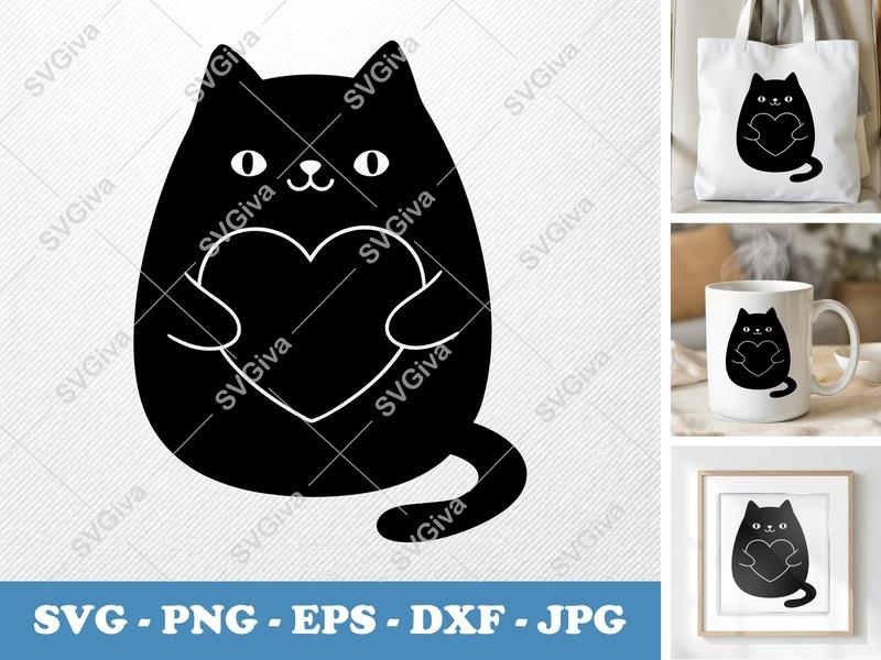 Cat Holding Heart SVG | Puffy Soft Shapes | Cricut Silhouette | PNG DXF EPS | Kawaii Pet Love File