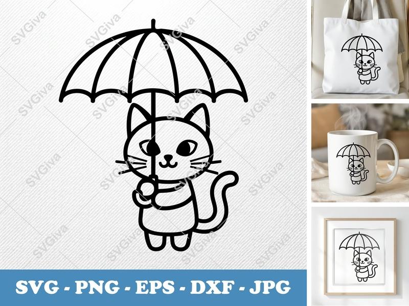 Cat Holding Umbrella SVG | Friendly Rounded Bean-Shaped Cut File | PNG DXF EPS for Cricut Silhouette
