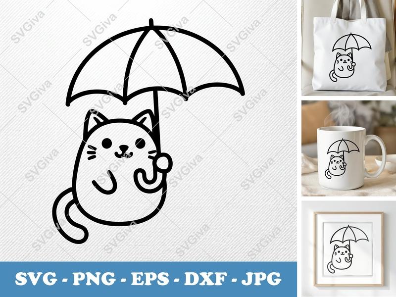 Cat Holding Umbrella SVG | Kawaii Bean-Shaped Cut File | Rounded Body, Friendly Cat | PNG DXF EPS for Cricut Silhouette