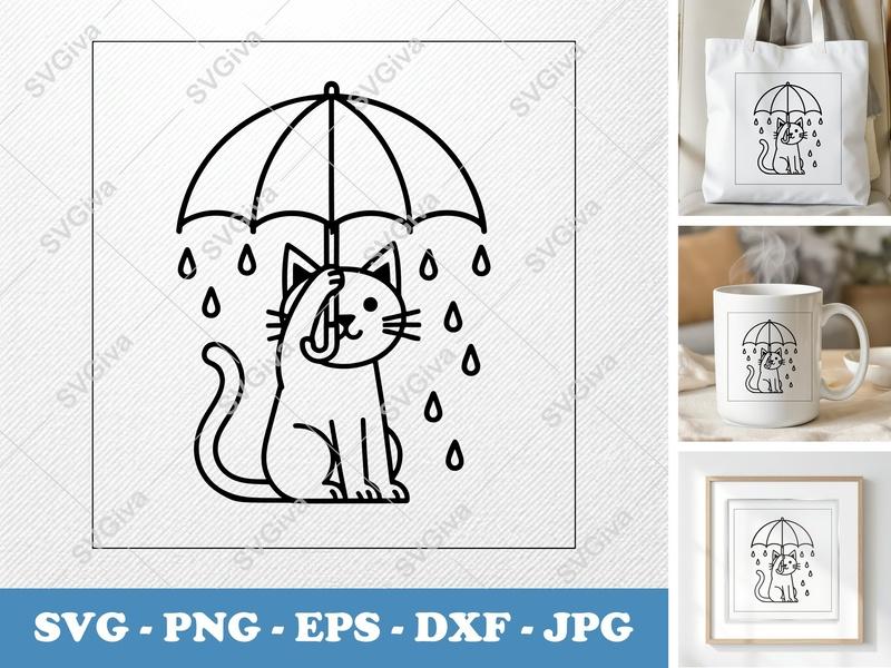 Cat Holding Umbrella SVG | Minimalist Double-Outline Design | Thick Contour, Thin Lines | PNG DXF EPS for Cricut Silhouette