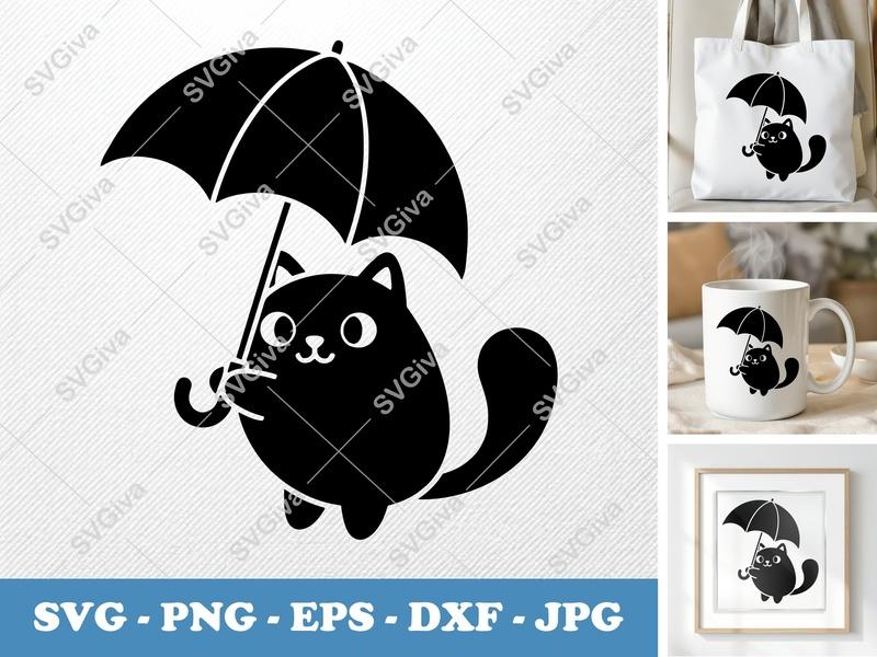 Cat Holding Umbrella SVG | Puffy Soft Forms | Kawaii SVG, PNG, DXF, EPS Cut File for Cricut & Silhouette