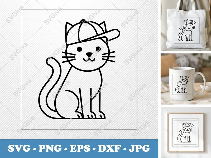 Cat in a Cap SVG | Double-Outline Minimalist Design | Basic Shapes Clean Space | PNG DXF EPS | Cricut Silhouette