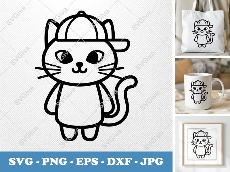 Cat in a Cap SVG | Friendly Rounded Body Bean-Shaped Forms | PNG, DXF, EPS | Cricut Silhouette File