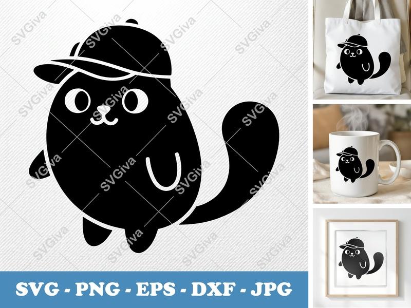 Cat in a Cap SVG | Puffy Shapes | Inflated Pillow Soft Design | PNG DXF EPS | Cricut Silhouette File