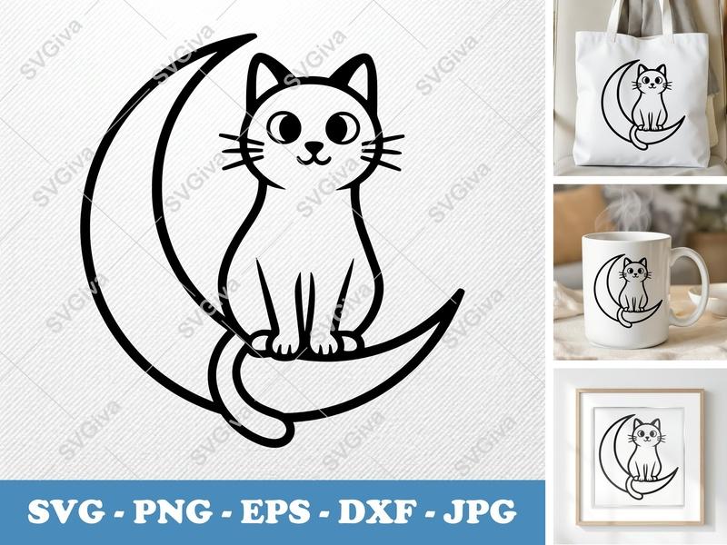 Cat on Moon SVG | Minimalist Vector Design | Bold Contour White Fill | PNG DXF EPS | Cricut Silhouette File