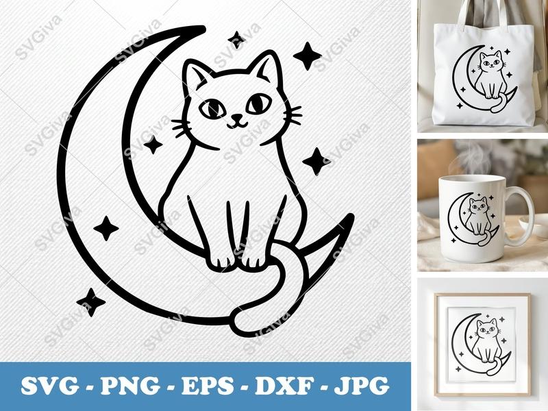 Cat on Moon SVG PNG DXF EPS | Cute Cat Cut File for Cricut Silhouette