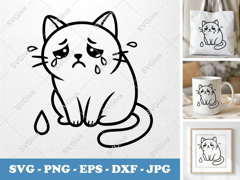 Cat Sad Crying SVG | Kawaii Kitten Vector, Tears PNG, EPS, DXF | Cricut & Silhouette Cut File | Modern Pet Clipart