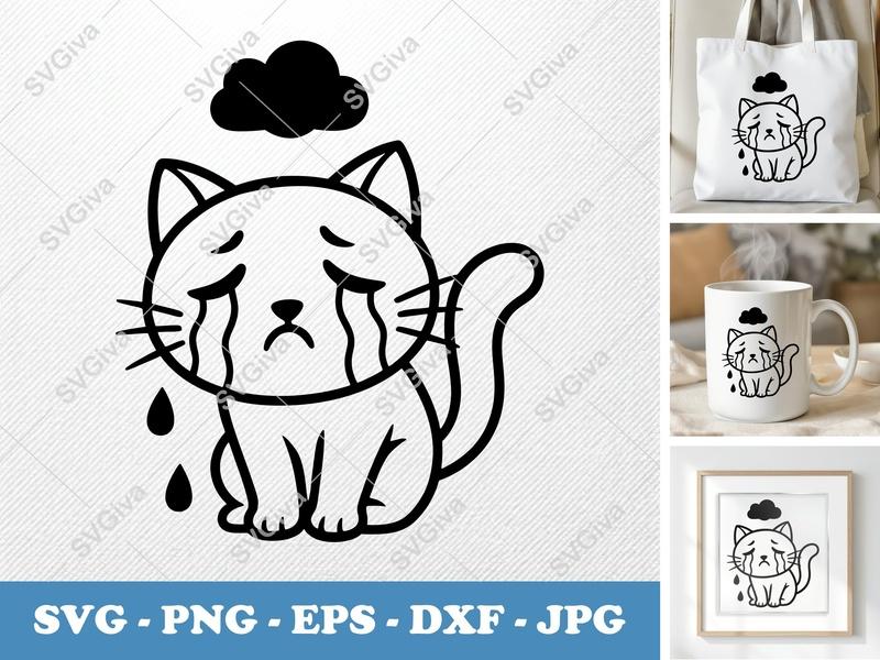 Cat Sad Crying SVG | Modern Cute Kitten with Cloud | PNG EPS DXF | Cricut Silhouette Cut File | Emotional Pet Design