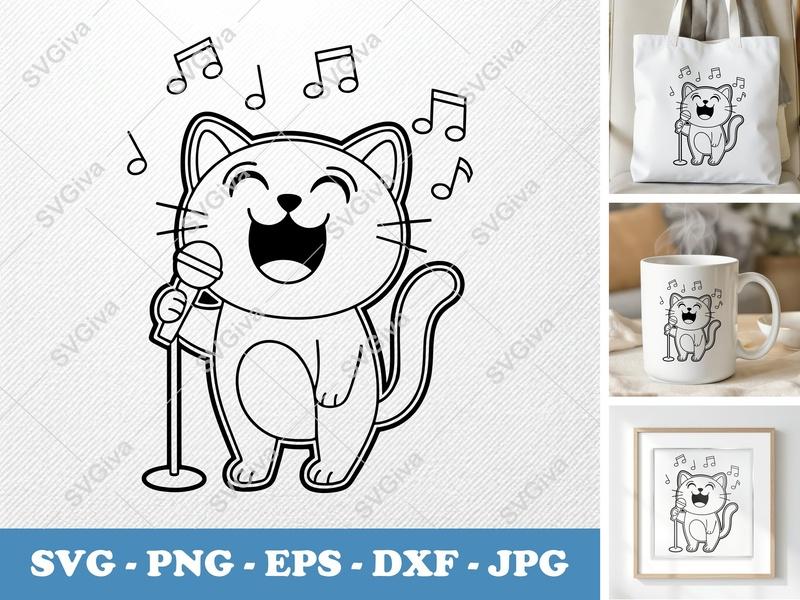 Cat Singing SVG | Double-Outline Minimalist Design | PNG DXF EPS | Cricut Silhouette File