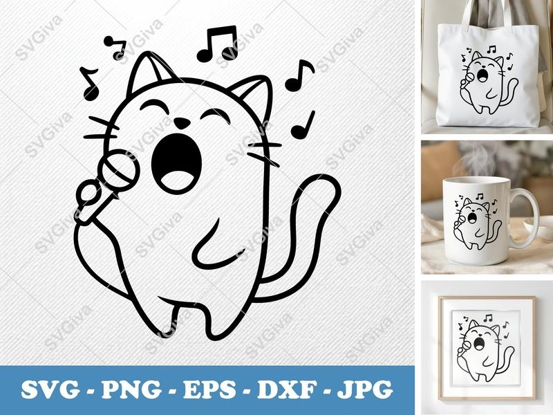 Cat Singing SVG, Music Notes PNG, EPS, DXF | Cute Kitten Cricut Cut File | Modern Pet Silhouette Design