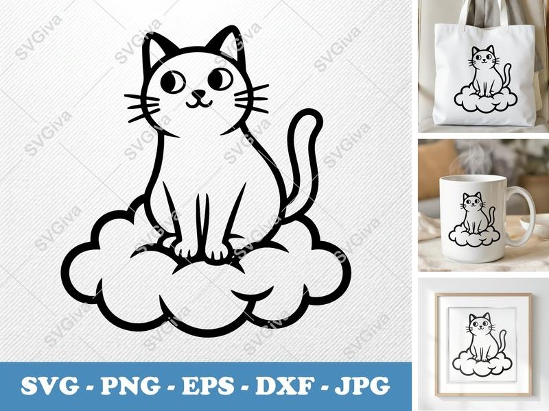 Cat Sitting on Cloud SVG | Minimalist Vector Cut File | PNG DXF EPS for Cricut Silhouette