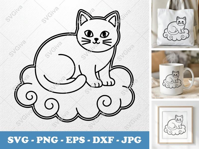 Cat Sitting on Cloud SVG | Outline Minimalist Design | PNG DXF EPS | Cricut Silhouette File
