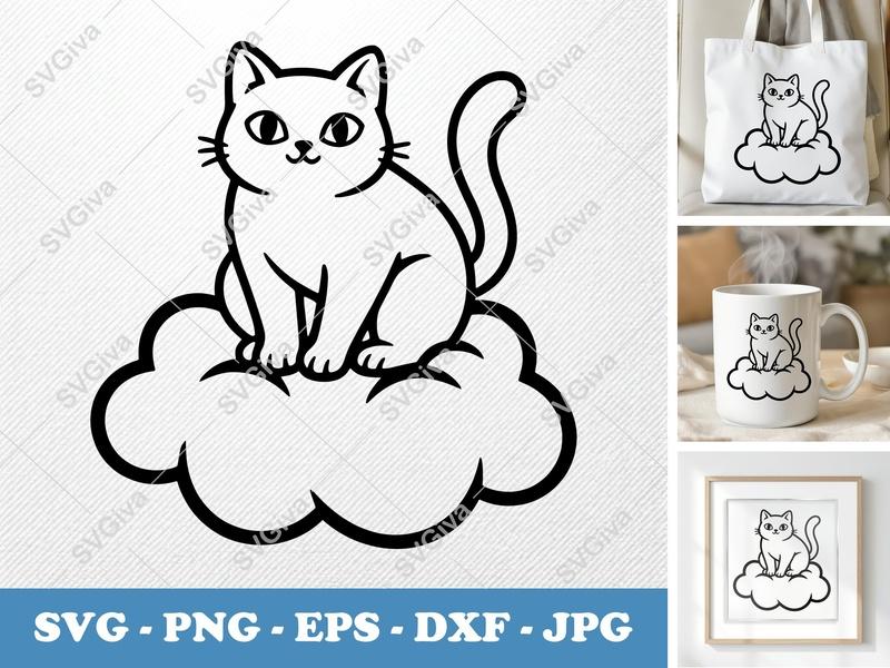 Cat Sitting on Cloud SVG PNG DXF EPS | Cricut Silhouette Cut File | Cute Kitty Vector