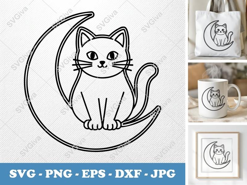 Cat Sitting on Moon SVG | Double-Outline Whimsical Cut File | PNG DXF EPS for Cricut Silhouette