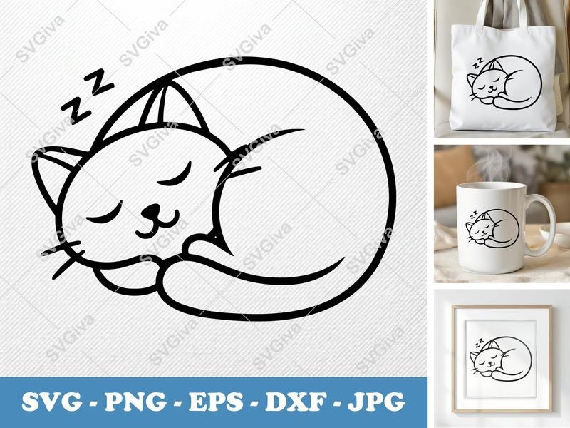 Cat Sleeping SVG | Cute Kitten Curl Up Design | Zz Sleepy Pet PNG, EPS, DXF for Cricut & Silhouette Machines