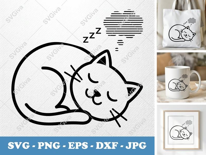 Cat Sleeping SVG | Cute Kitten Nap Cut File PNG DXF EPS Cricut Silhouette