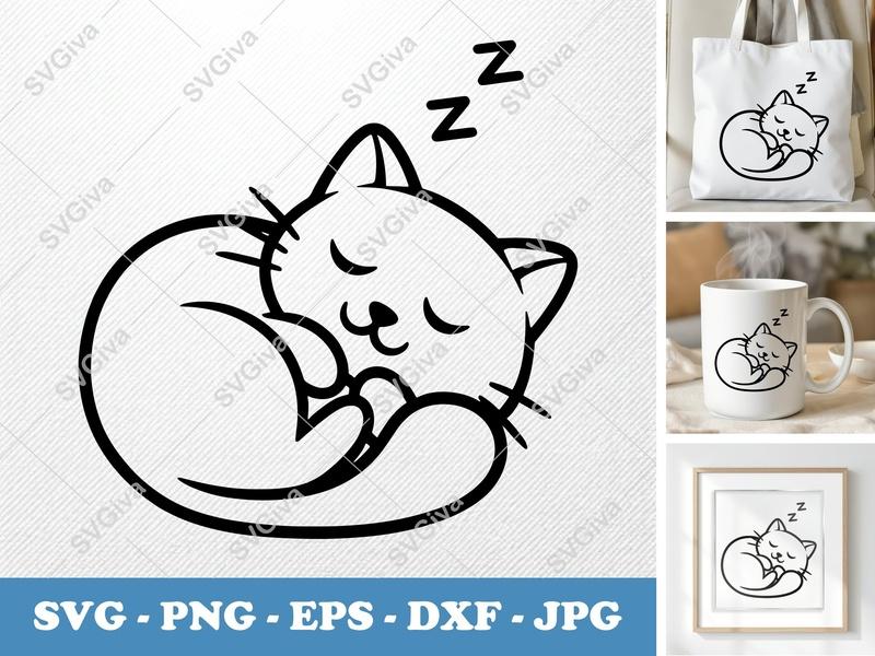 Cat Sleeping SVG | Cute Kitten Nap Cut File PNG DXF EPS Cricut Silhouette Animal