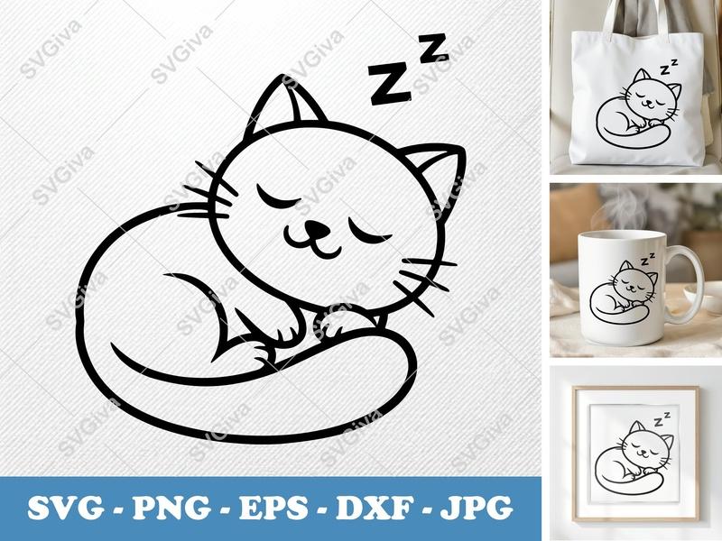 Cat Sleeping SVG, Cute Kitten Sleepy Napping PNG EPS DXF | Cricut Silhouette File | Kawaii Pet Lover Design