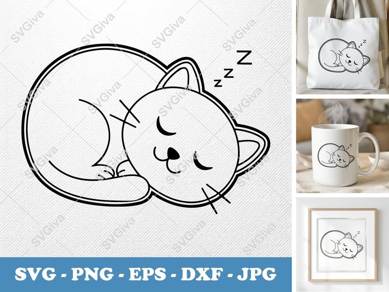 Cat Sleeping SVG | Modern Napping Kitten PNG EPS DXF Cut File | Cricut Silhouette Design | Cute Kitty Clipart