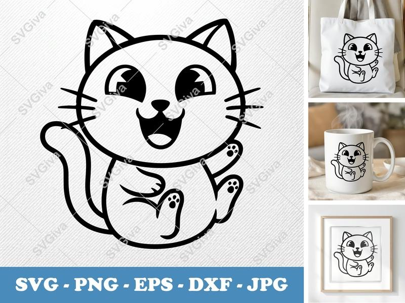 Cat Smiling Happily SVG, Friendly Bean-Shaped Cut File | PNG DXF EPS | Cricut Silhouette Vector