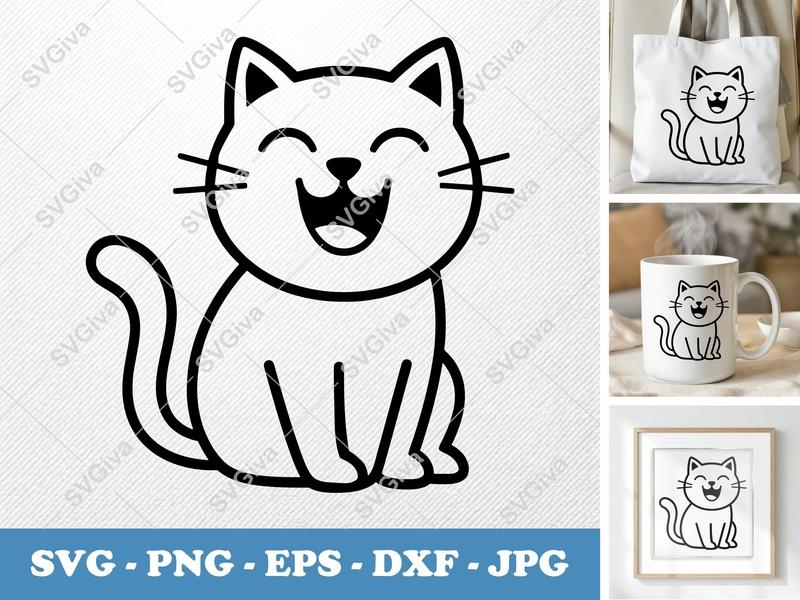 Cat Smiling Happily SVG PNG DXF EPS | Cute Kitty Cricut Silhouette Cut File
