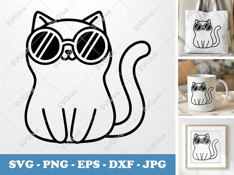 Cat SVG, Cool Cat with Glasses, Modern Line Art Kitten, PNG EPS DXF for Cricut & Silhouette, Digital Download