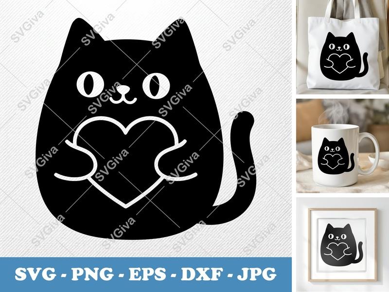 Cat SVG | Cute Black Cat Holding Heart | Modern Pet Love PNG EPS DXF | Cricut Silhouette File