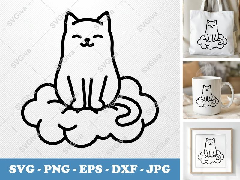 Cat SVG, Cute Cloud Kitty, Happy Pet Line Art PNG EPS DXF, Cricut Silhouette Cut File, Modern Animal Vector Clipart
