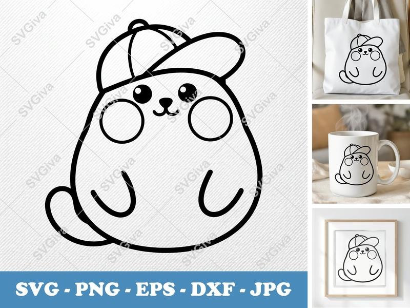 Cat SVG, Cute Kawaii Kitty with Baseball Cap, Outline Clipart | PNG EPS DXF for Cricut, Silhouette, Shirt Design