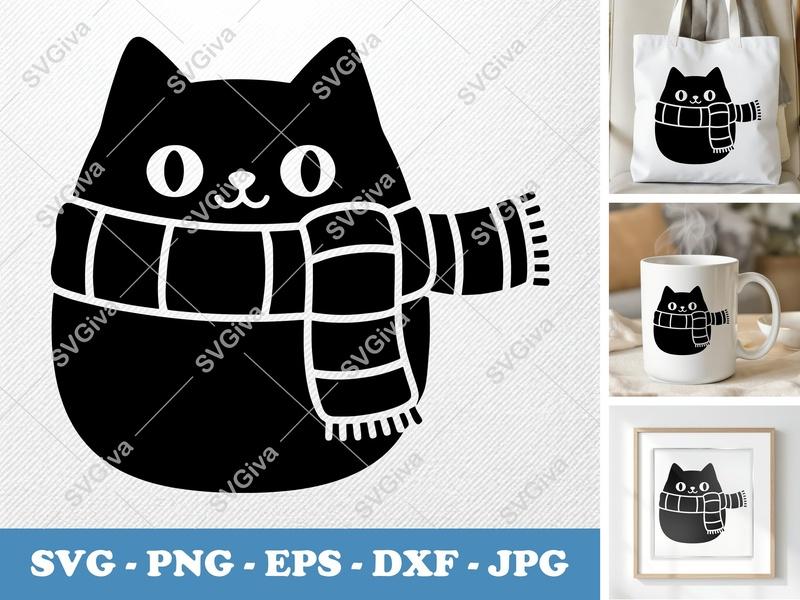 Cat SVG, Cute Scarf Kitty Design, Winter Pet Clipart, PNG EPS DXF for Cricut, Silhouette