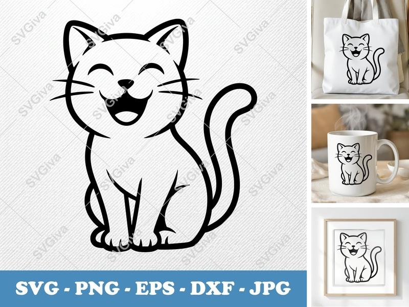 Cat SVG, Happy Cartoon Kitten Cut File | Cricut Silhouette | Cute Pet Vector, Animal Clipart PNG EPS DXF for Crafting