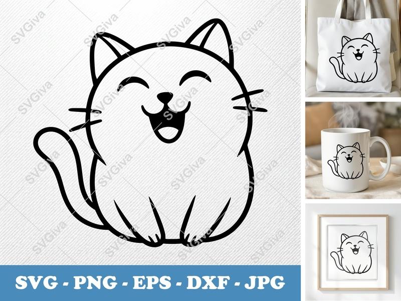 Cat SVG Happy Face, Kawaii Kitten Cut File, Cute Pet Clipart | PNG EPS DXF for Cricut Silhouette