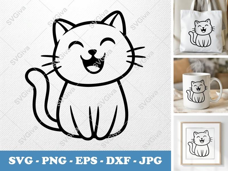 Cat SVG Happy Smiling Face, Cute Kitten Line Art, Digital Cut File for Cricut, Silhouette | PNG EPS DXF