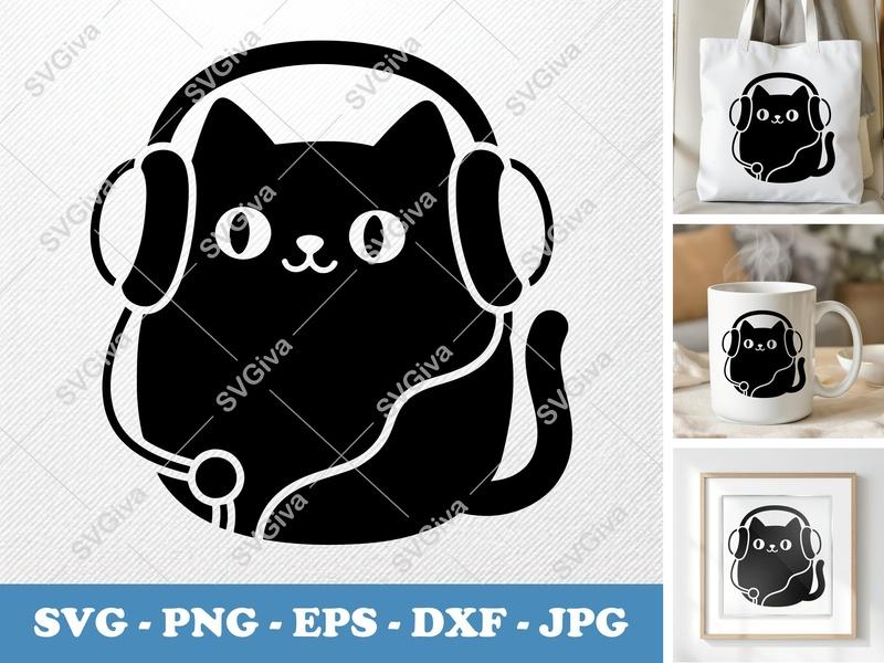 Cat SVG, Headphone Gamer Kitty, Modern Clean Design | PNG EPS DXF | Cricut Silhouette Cut File