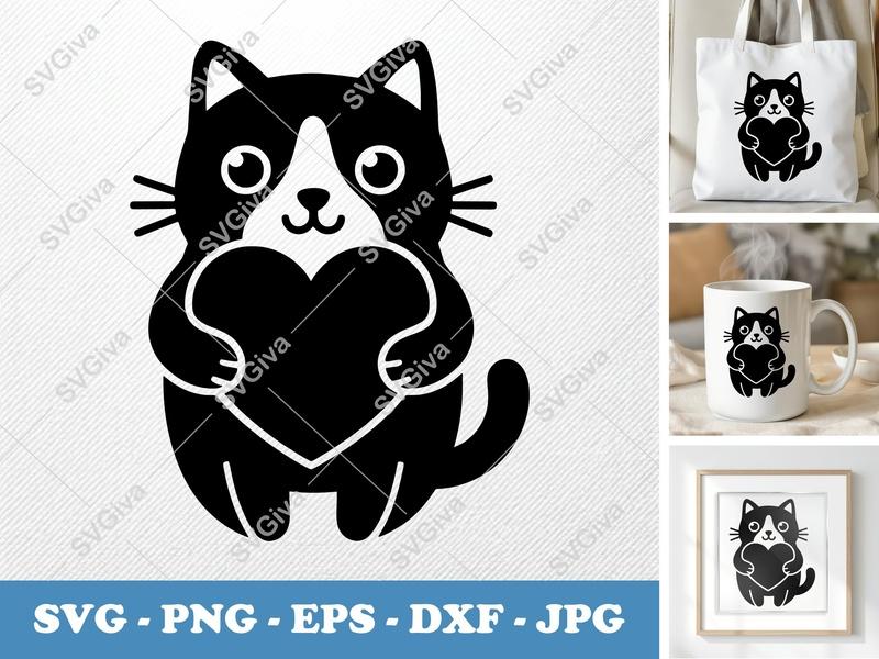 Cat SVG Heart Love, Cute Feline Modern Clean Design | PNG EPS DXF | Cricut Silhouette File Instant Download