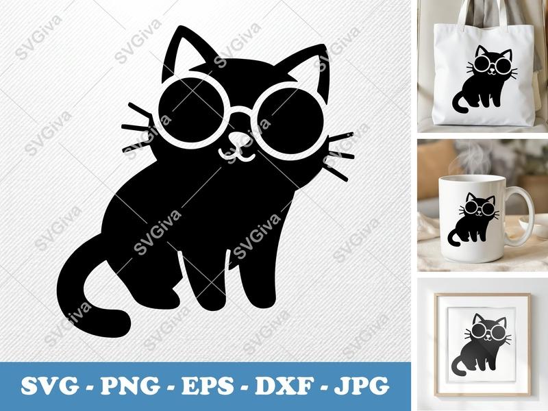 Cat SVG, Modern Cat with Glasses Cut File, Cool Kitty PNG EPS DXF for Cricut | Silhouette, Pet Lover Clipart