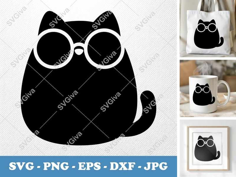 Cat SVG, Modern Cat with Glasses Cut File, Cute Kitten PNG, EPS, DXF for Cricut & Silhouette, Pet Lover Clipart