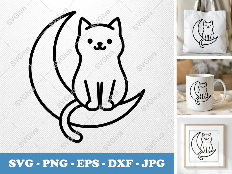 Cat SVG on Crescent Moon | Modern Outline Design | PNG EPS DXF for Cricut Silhouette