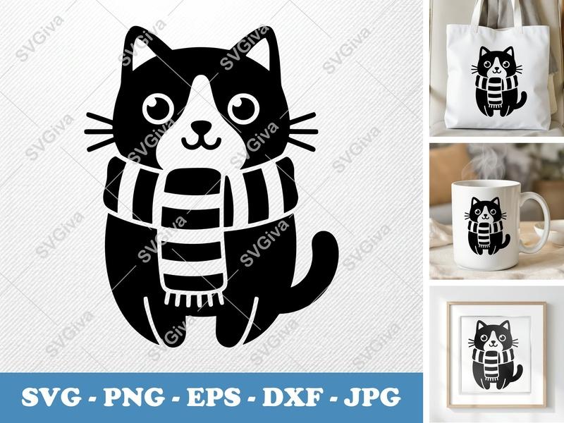 Cat SVG, Scarf Kitten Cut File, Black White Kitty, Modern Pet Clipart, PNG EPS DXF for Cricut & Silhouette