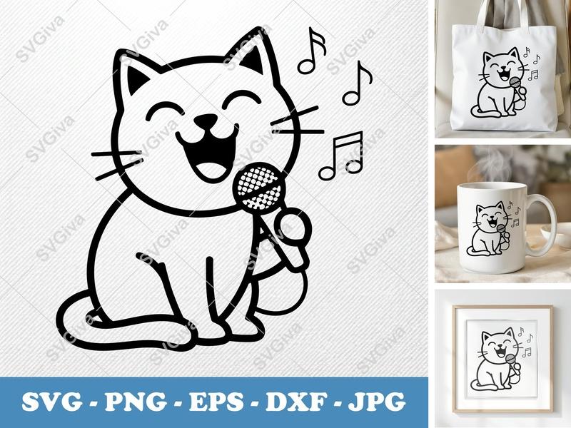 Cat SVG Singing, Funny Karaoke Feline, Music Notes Clipart | PNG EPS DXF | Cricut Silhouette Cut File