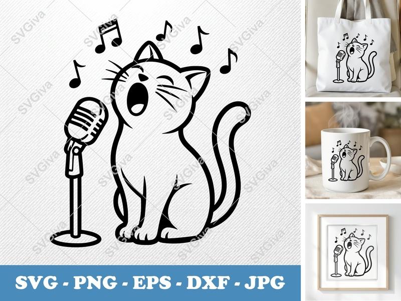 Cat SVG Singing, Mic Music Notes, Meow Kitten | PNG EPS DXF | Cricut Silhouette Cut File, Pet Lover Gift, Animal Clipart