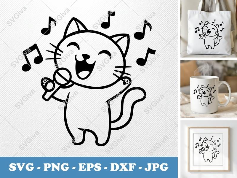 Cat SVG Singing, Mic & Music Notes, Modern Clean Design | PNG EPS DXF | Cricut Silhouette Cut File