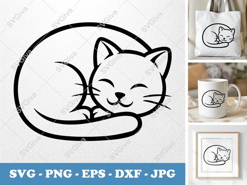 Cat SVG Sleeping | Cute Kitten Outline PNG EPS DXF | Cricut Silhouette File Instant Download | Simple Pet Vector Art